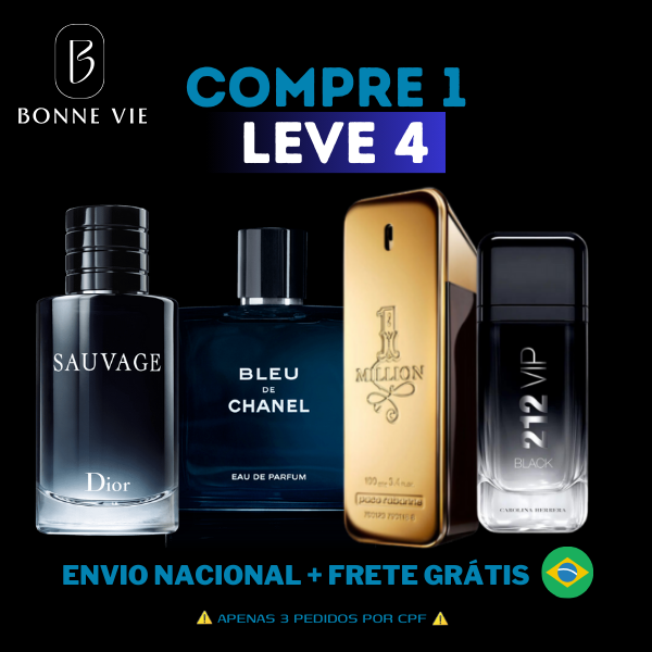 COMPRE 1 LEVE 4 - Perfumes Masculinos Importados (100ml) - 1 million | 212 | Sauvage Dior | Bleu de Chanel - [PROMOÇÃO MÊS DOS PAIS]