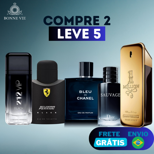 COMPRE 2 LEVE 5 Perfumes Importados (100ml) - 1 Million | 212 | Invictus | Ferrari Black | Bleu